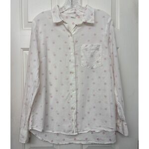 GAP Women's L White Pink Polka Dot Button-Up Long Sleeve Collared Cotton Blouse